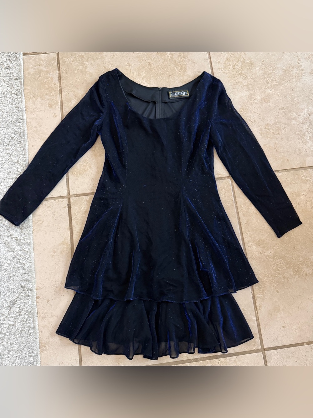 Filigree Ltd. Sparkling Ruffled Hem Navy Blue Cocktail Dress Size 8